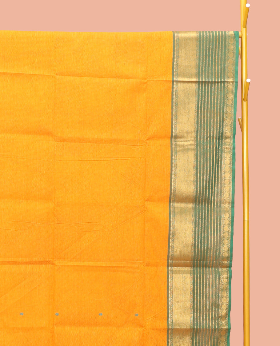 Yellow Chettinad Cotton Saree, Featuring Thread Buttas on Its Body, Complemented by a Contrast Traditional Zari Design Border, Pallu of Stripes and Buttas, and Paired with a Matching Blouse