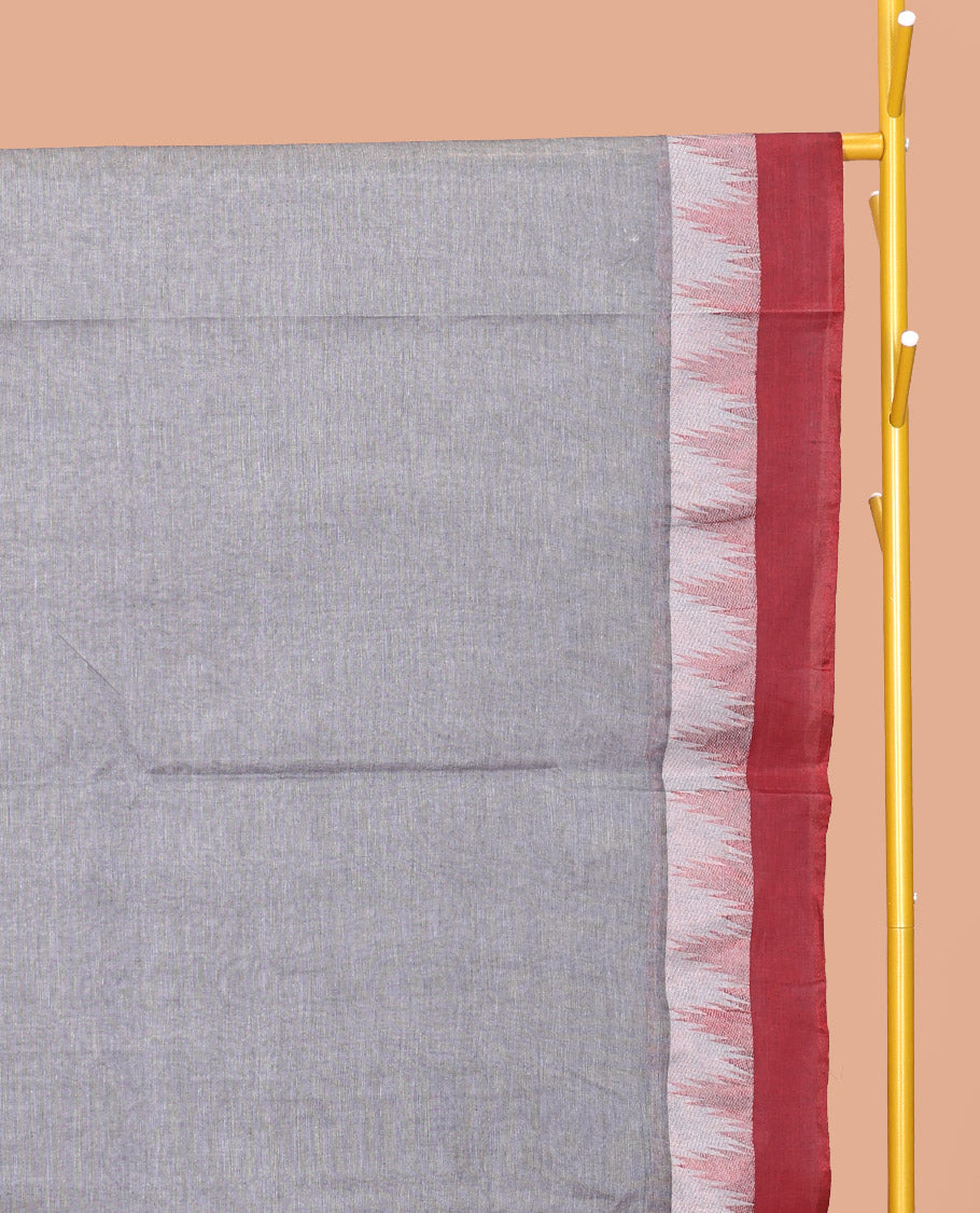 Grey Plain Bengal Cotton Saree, Contrast Temple Border, Pallu of Stripes, and Matching Blouse