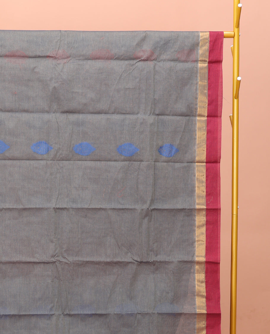Grey Kanchi Cotton Saree, Adorned with Thread Buttas on Its Body, Complemented by a Contrast Border, Delicately Woven Pallu, and a Matching Blouse