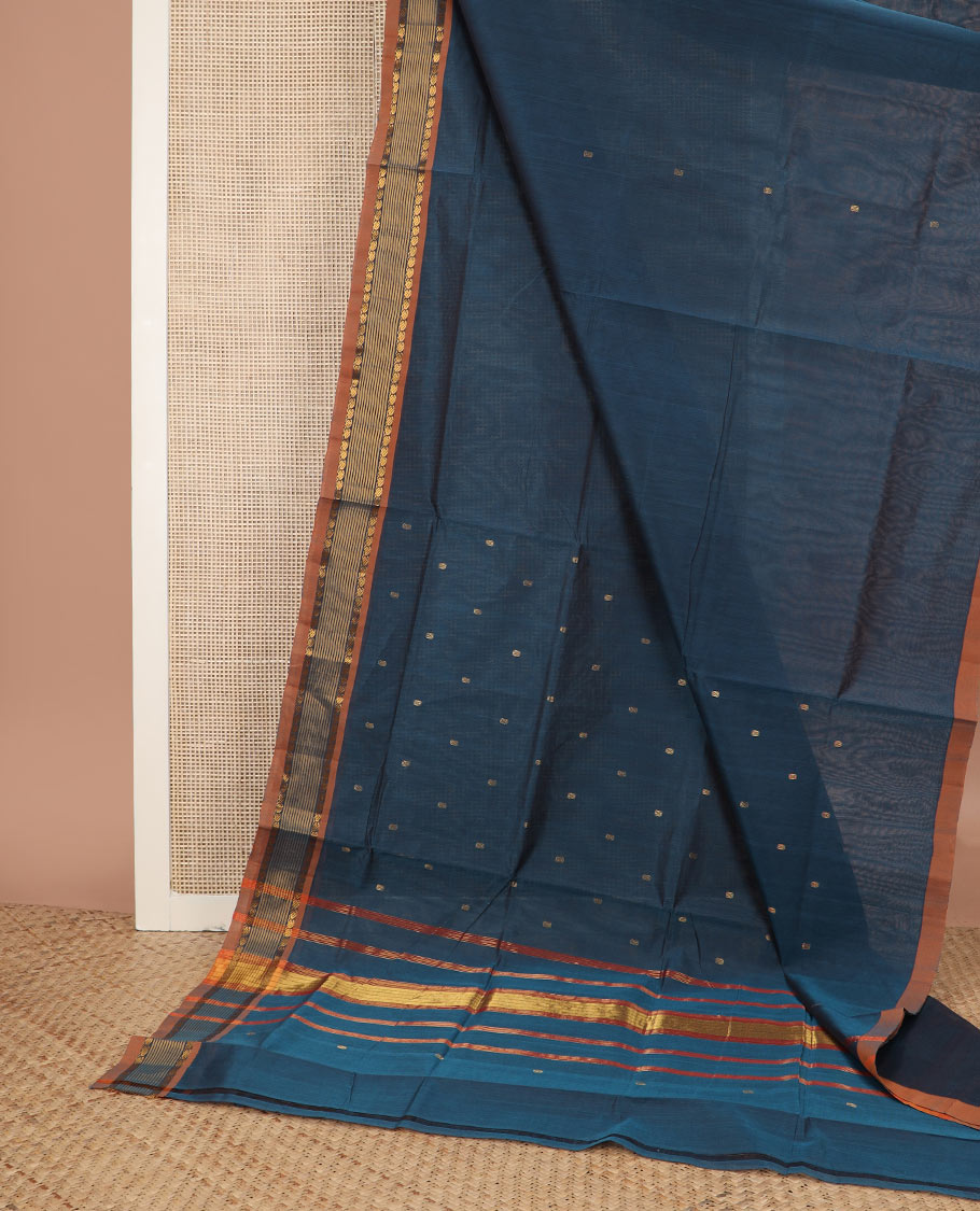 Blue zari buttas Venkatagiri cotton saree, contrast mango design border & zari striped pallu