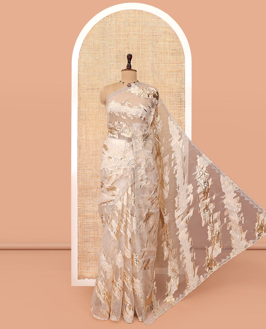 Gold Turkey Organza Saree, Adorned with Abstract-Style Gold Thread Work, Swarovski Stonework Border, and Matching Blouse