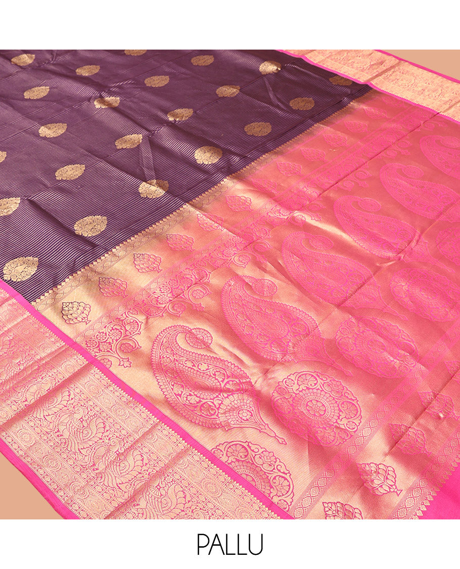 Purple Vasundhara Silk Saree, Detailed with Zari Buttas and Stripes All Over Its Body, Complemented by a Contrast Border of Rekku, Muthu, Poun, Chakram, and Mayil Designs, Grand Manga Design Pallu, and Paired with a Contrast Blouse
