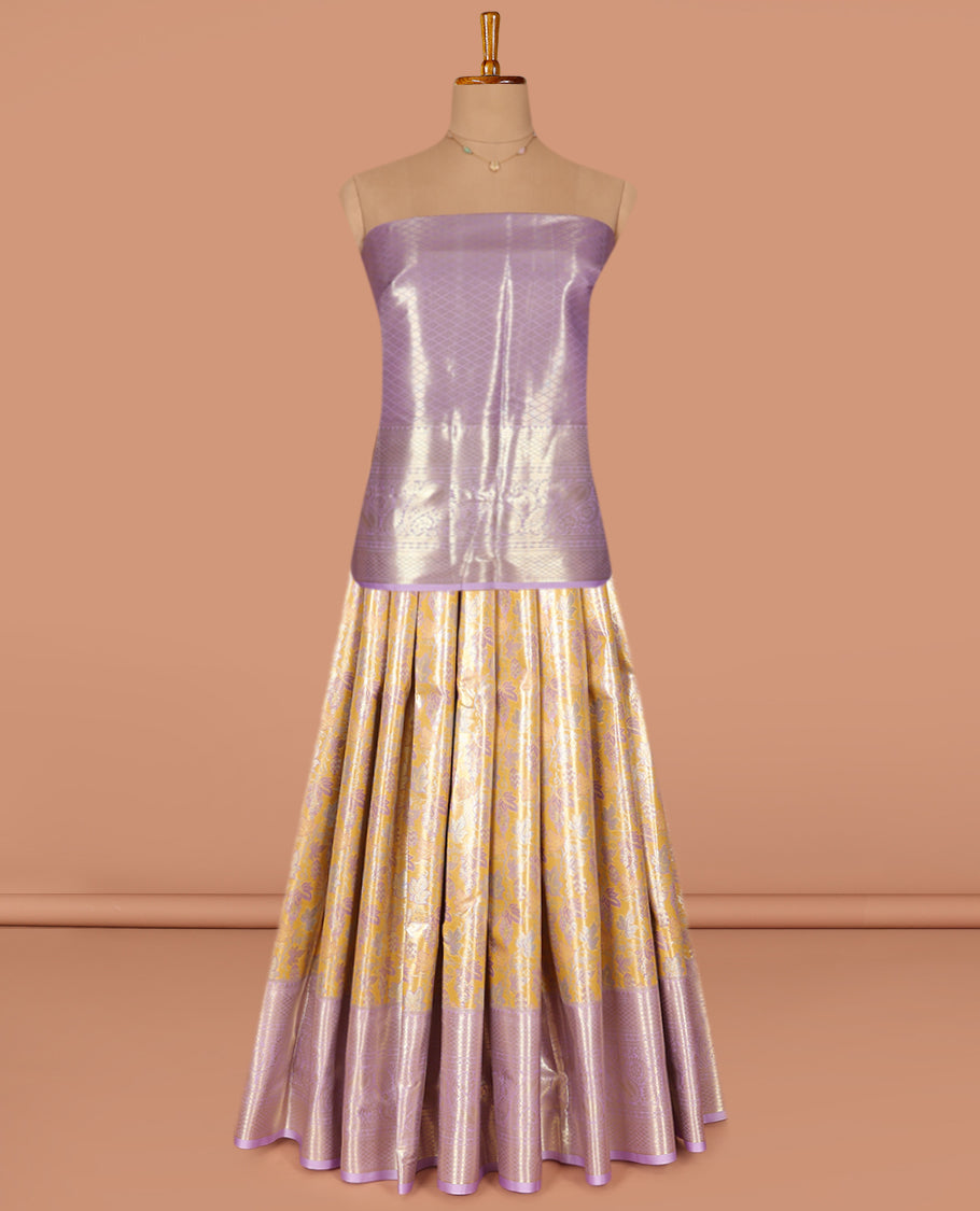 Yellow Art Silk Pavadai Material Set, Beautifully Bedecked with Jacquard Design on Its Skirt, Complemented by a Contrast Traditional Zari Designs Woven Border, and paired with a Contrast Jacquard Blouse