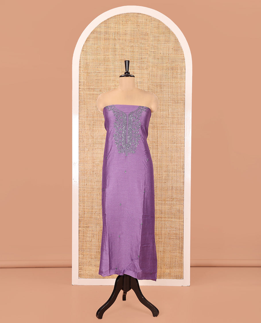 Lavender Vichitra Silk Material Chudidar Set, Sparsely Woven with Embroidered Top, a Plain Santoon Bottom, and Paired with a Matching Vichitra Silk Embroidered Scallop Dupatta