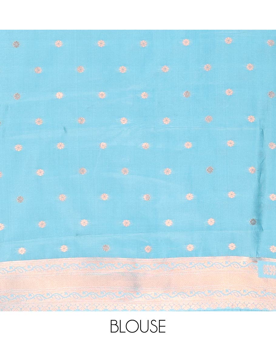 Blue Litchi Saree, Richly Detailed with Zari Buttas and Zari Checked Design on Its Body, Complemented by a Contrast Border Steeped with Peacock Designs, Intricately Designed Pallu, and Paired with a Contrast Blouse