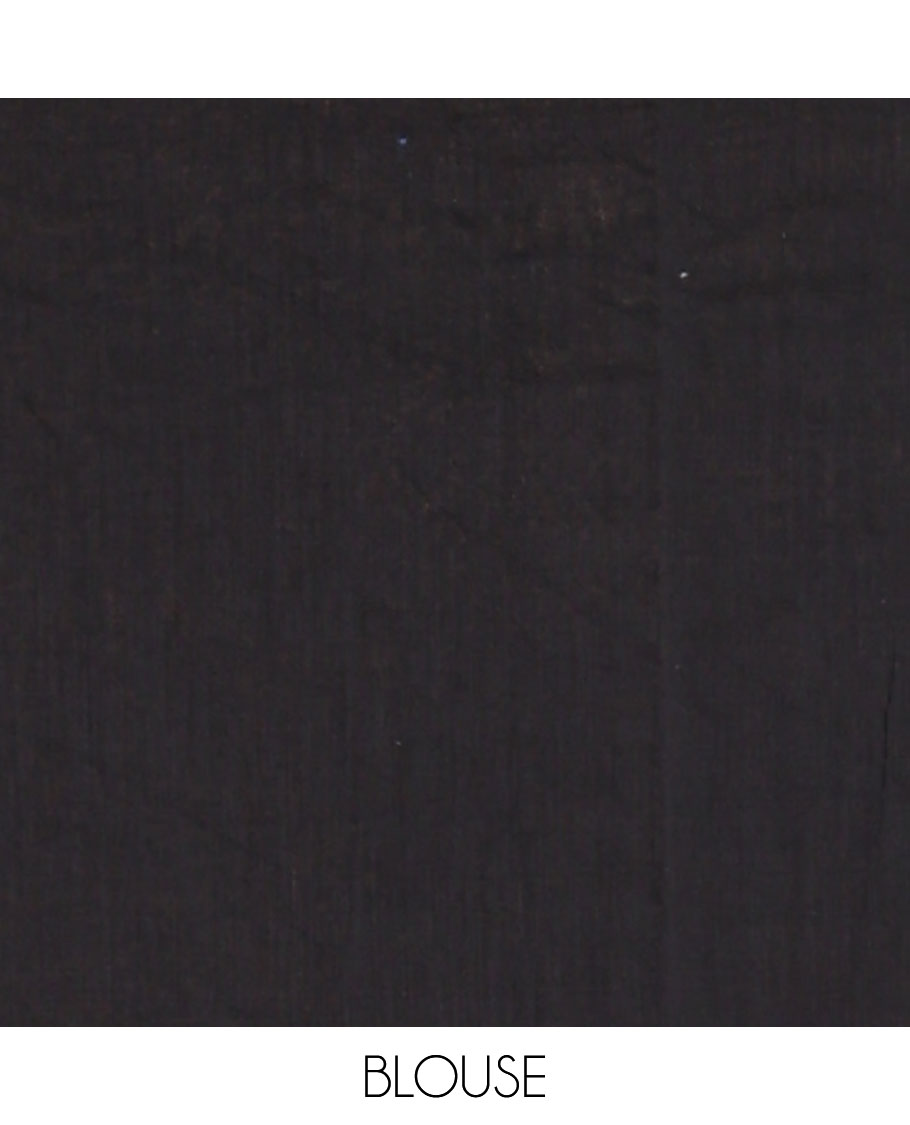 Borderless Black Khadi Mul Cotton Saree, Prettified with Big Hibiscus Floral Motifs Foil-Printed on Its Body, Subtly Sparkled Pallu of the Same Print and Tassels, and Paired with a Matching Blouse