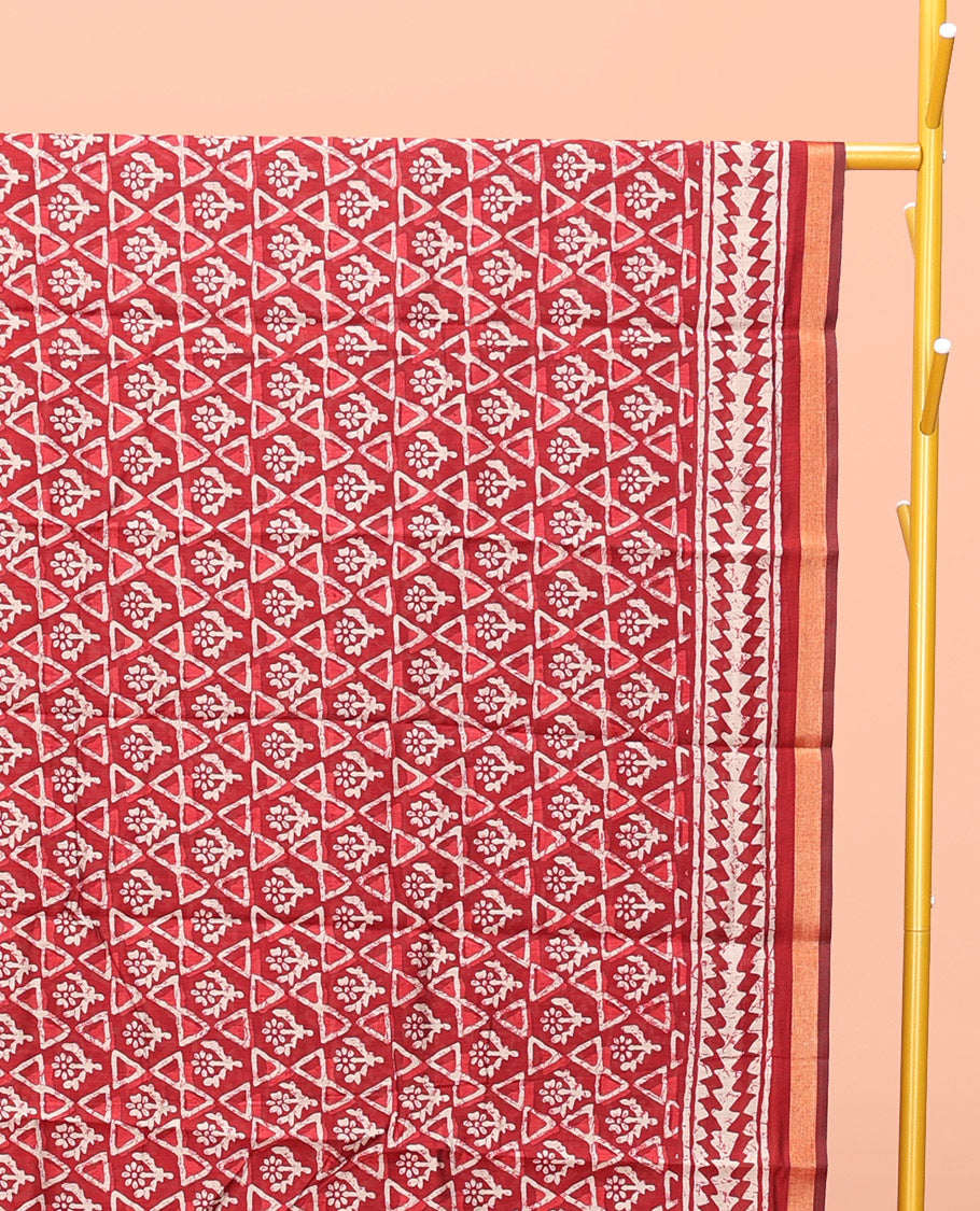 Red Kanchi Cotton Saree, Featuring Floral and Triangle Print All Over Its Body, a Subtle Border, Pallu of Floral Vine and Triangle Print, and Paired with a Contrast Blouse
