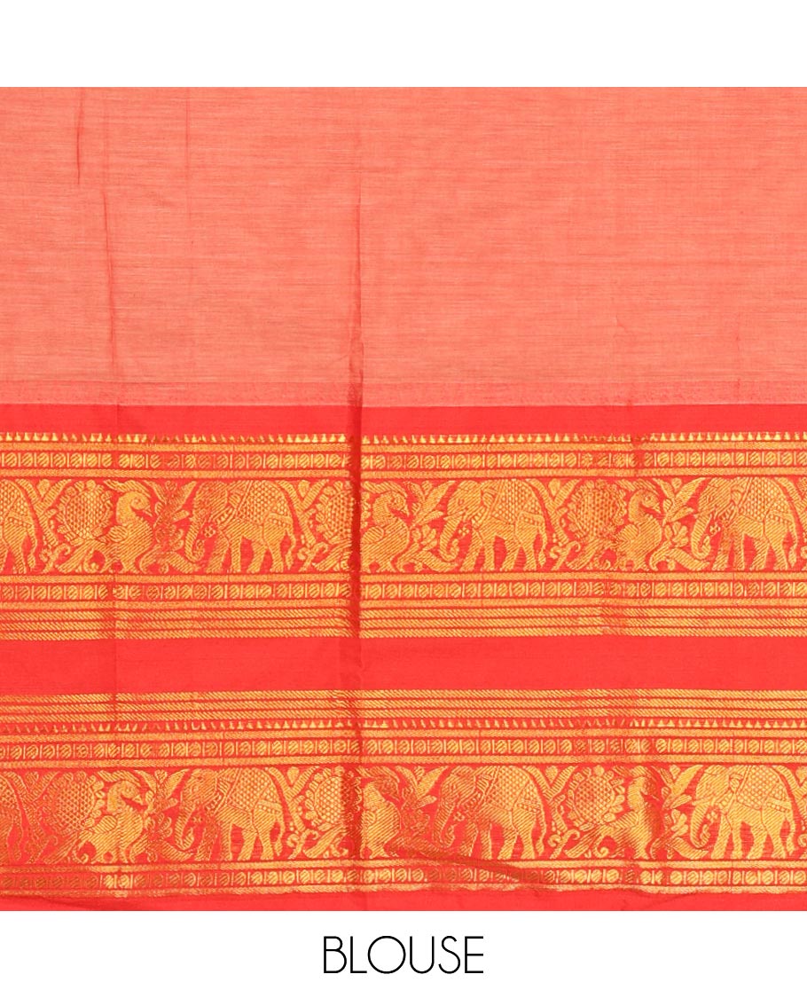 Light Rust Orange Plain Mercerised Cotton Saree Highlighted with a Contrasting Rettai Pettu Border Featuring Peacock and Elephant Motifs in Zari, a Subtly Striped Pallu, and a Matching Blouse