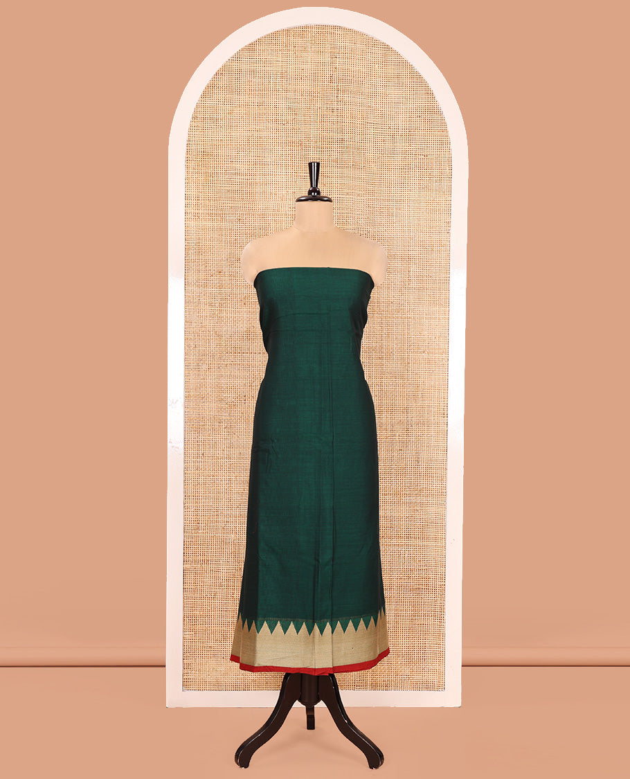 Green Mercerised Cotton Material Churidar Set, Featuring Plain and Temple Bordered Top, Comes with a Plain Mercerised Cotton Bottom, and Paired with a Mercerised Cotton Temple-Patterned Dupatta