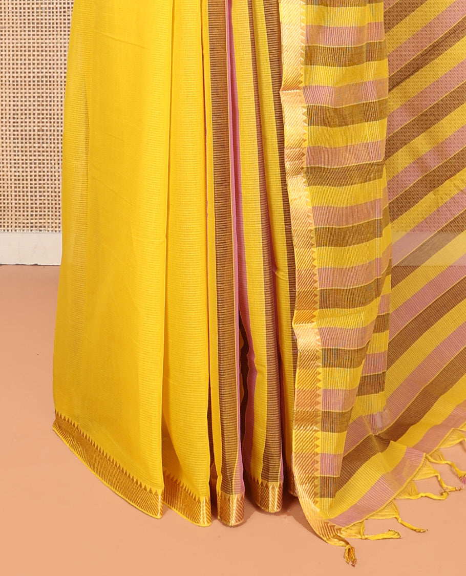 Yellow Plain Andhra Cotton Saree, Woven with Temple Zari Border, Contrast Striped Pallu, and a Contrast Blouse