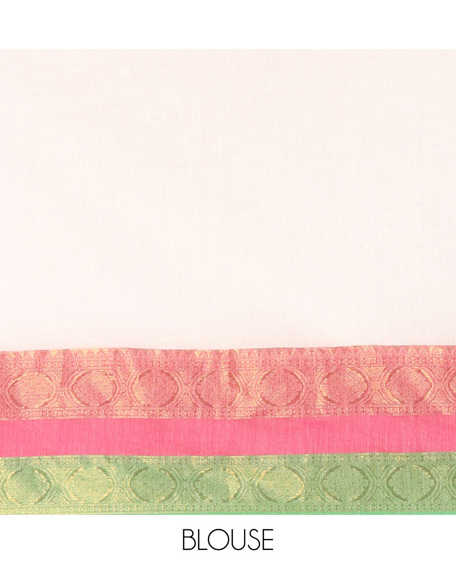 Cream Plain Khadi Mul Cotton Saree, Complemented by a Contrast Rettai Pettu Traditional Zari Design Border of Chakram Motifs, a Self-Pallu, and Paired with a Matching Blouse
