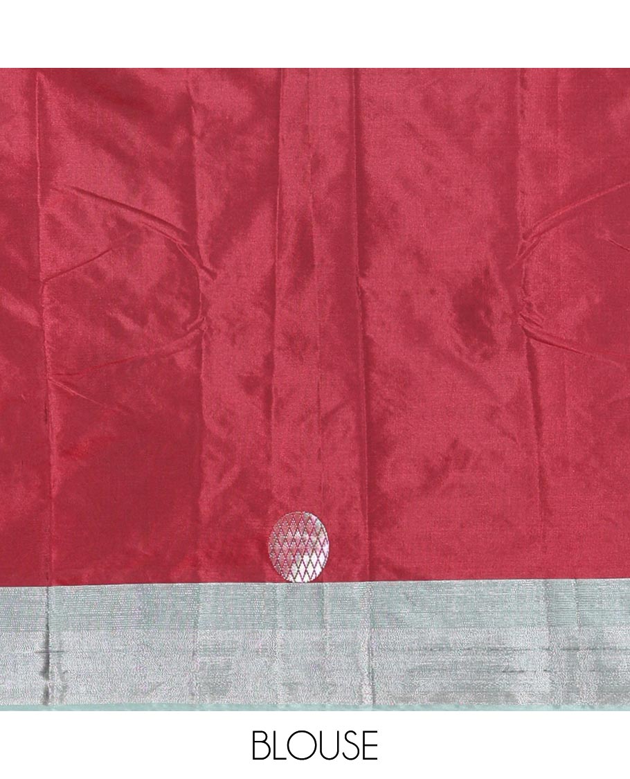Cherry Red Semi-Soft Silk Saree Featuring Round Silver Zari Buttas Woven Across Its Body, Complemented by a Contrast Zari Design Border, Subtly Made Self-Pallu, and a Matching Blouse