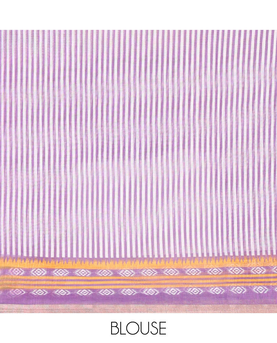 Peach and violet color butterfly motifs printed linen-cotton saree with contrast geometric-printed border and a printed blouse