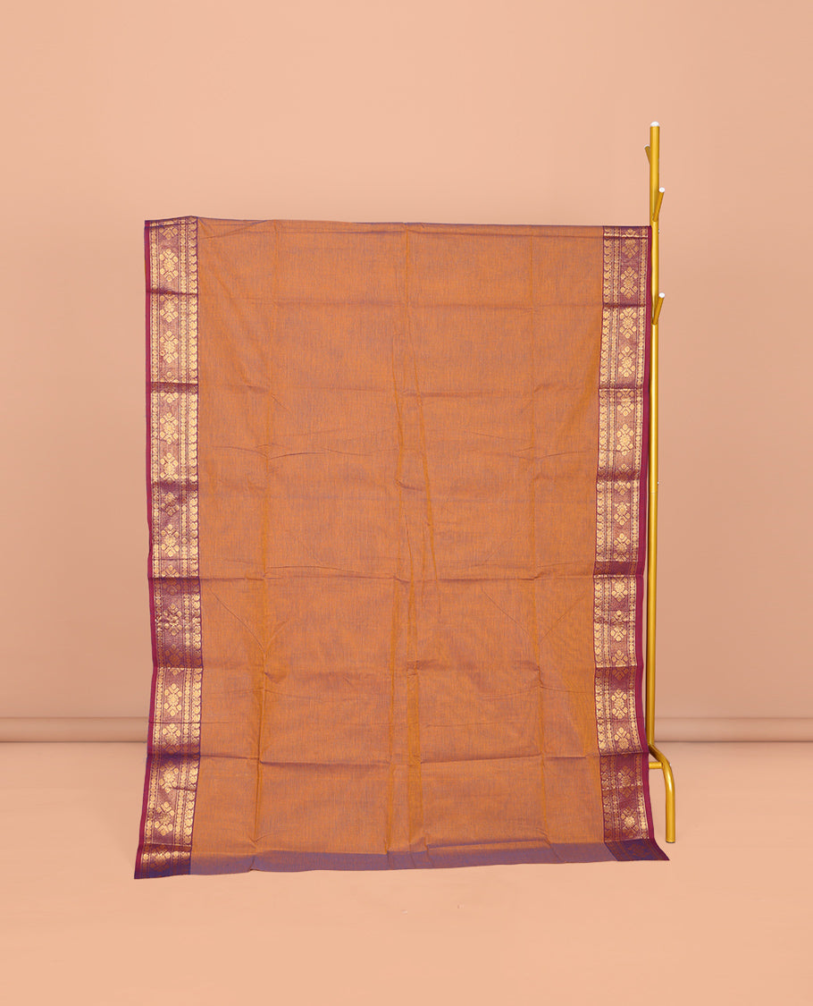 Orange Plain Chettinad Cotton Saree, Complemented by Contrast Traditional Zari Design Border, Striped Pallu, and Paired with Matching Blouse