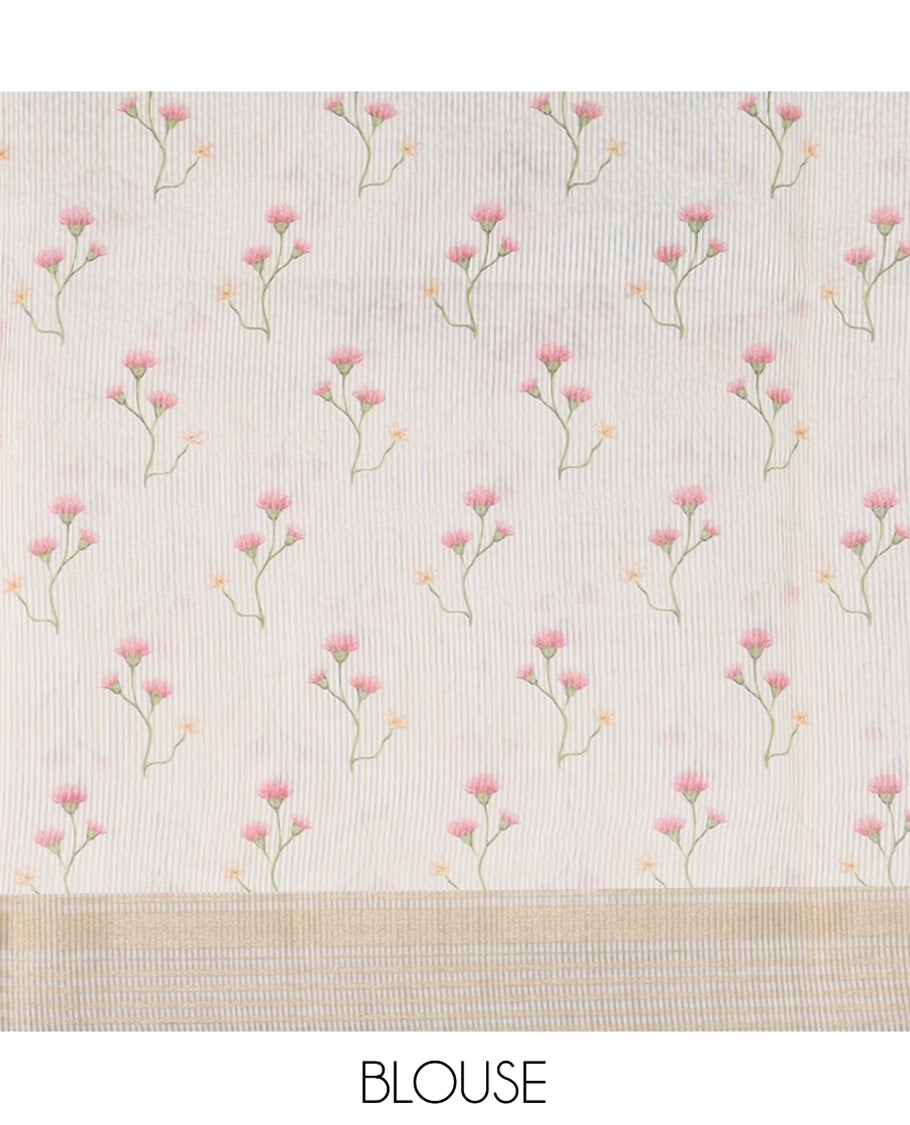 Cream Tissue Cotton Saree, Highlighted by Contrast Floral Printed Border, Floral Printed Pallu, and a Matching Blouse