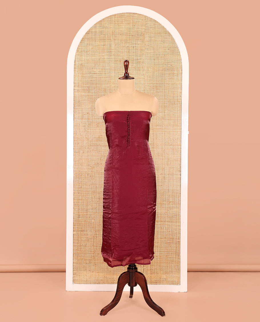 Wine Fendi Organza Material Chudidar Fetaures Pom-Pom-Neckline Top, Plain Bottom, and Scallop Embroidered Dupatta
