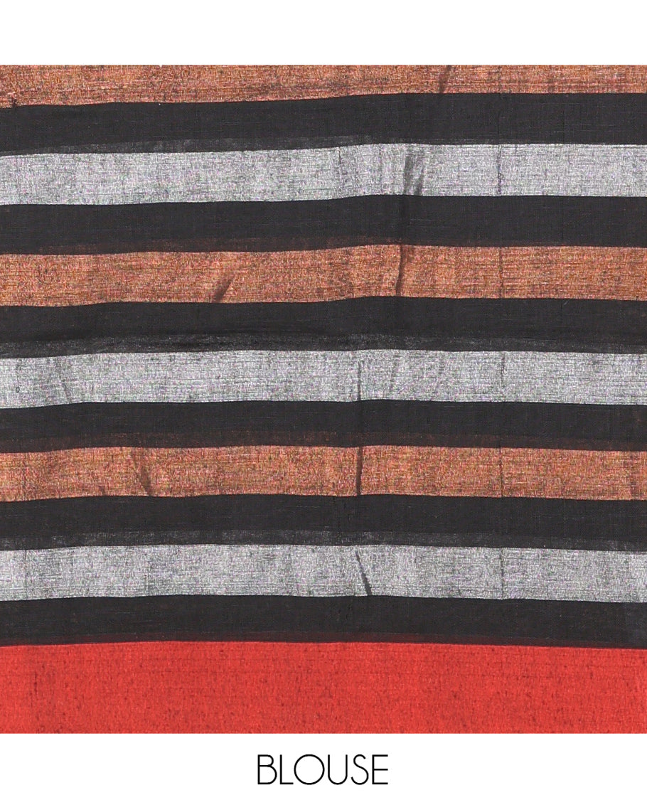 Black Khadi Mul Cotton Saree, Highlighted by Copper and Zari Stripes, a Contrast Plain Border, Striped Pallu, and Matching Blouse