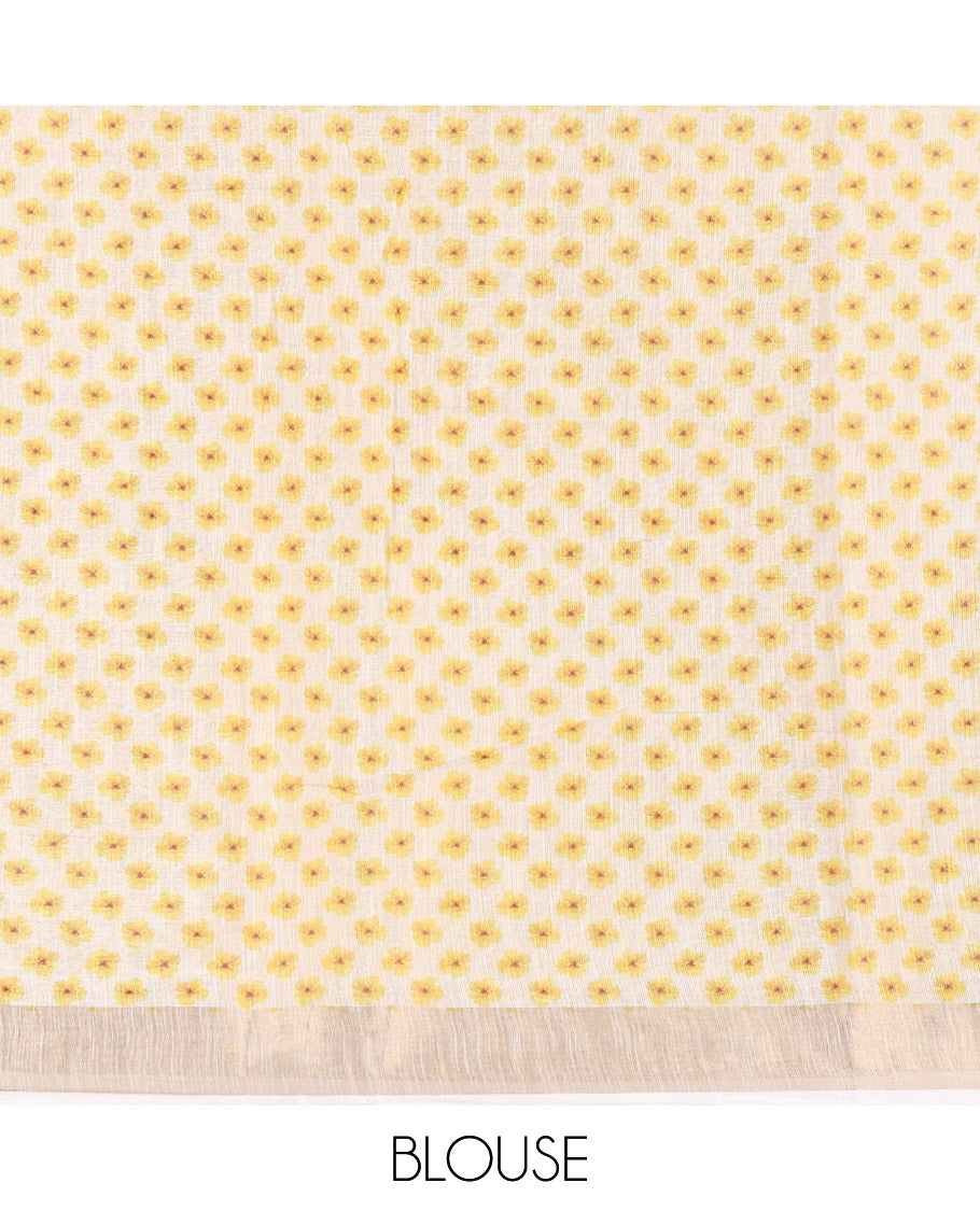 Cream Tissue Saree, Enthralled with Yellow Floral Motifs Printed All Over Its Body, Subtle Bavanji Border, Pallu Features Floral Tiara Motifs Print, and Paired with a Matching Floral Printed Blouse