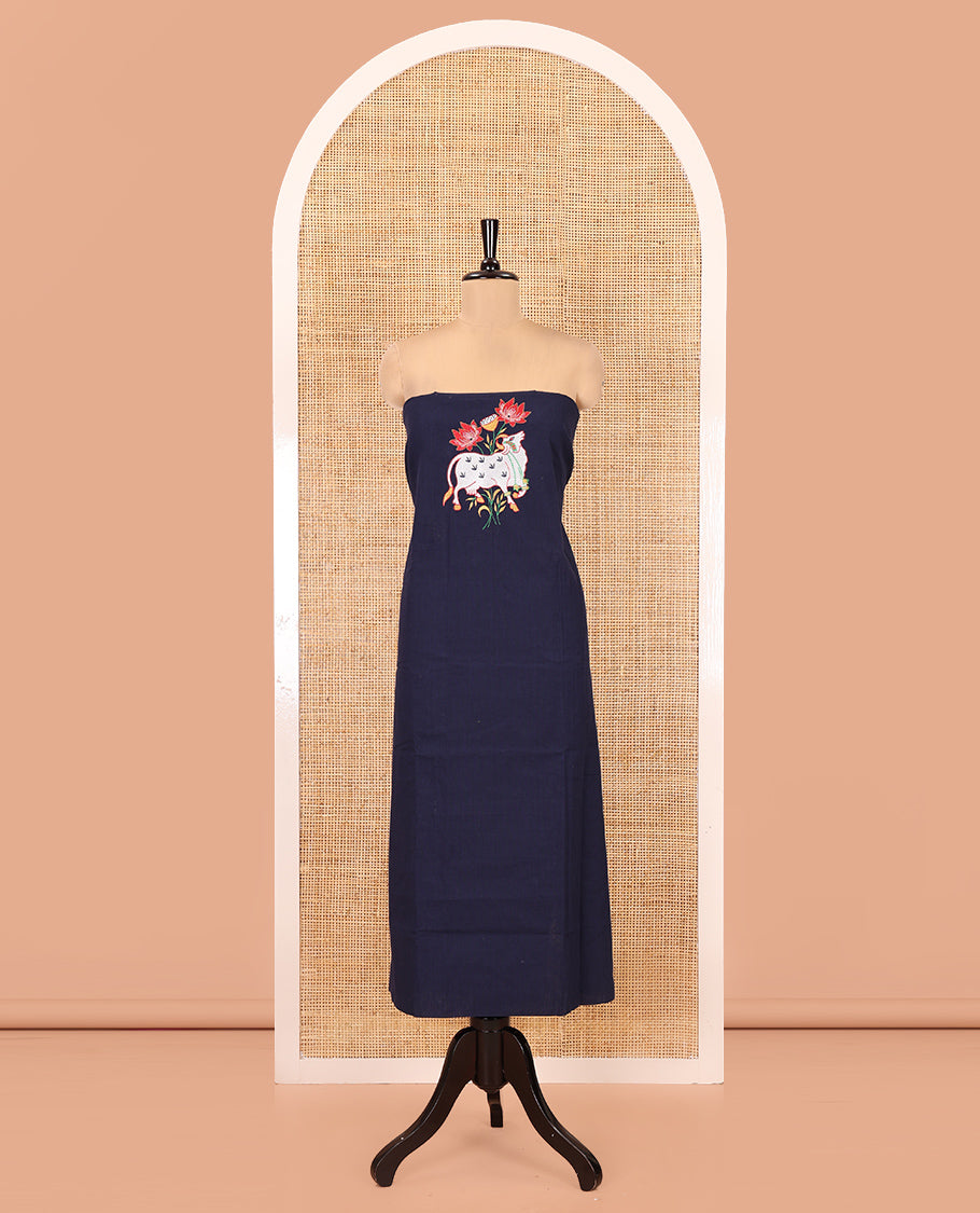 Blue Material Chudidar Set, Artfully Woven with Pichwai Cow Motifs Embroidered Cotton Top, Complemented by a Contrast Plain Cotton Bottom, Paired with Pichwai Printed Dupatta