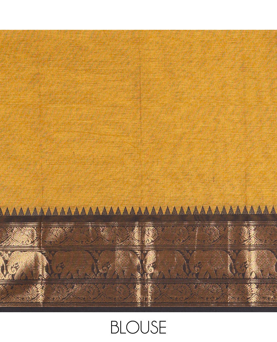 Gold Plain Chettinad Cotton Saree, Complemented by Contrast Temple Traditional Zari Border of Peacock and Elephant Designs, Subtly Striped Pallu, and Paired with a Matching Blouse