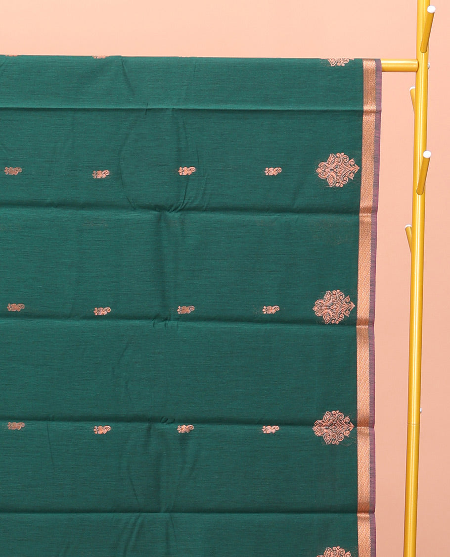 Bottle Green Semi-Silk Cotton Saree, Beautifully Bedecked with Zari Buttas All Over Its Body, a Subtle Piping Border, Complemented by a Contrast Pallu of Butta Enclosed Checked Designs, and Paired with a Contrast Blouse