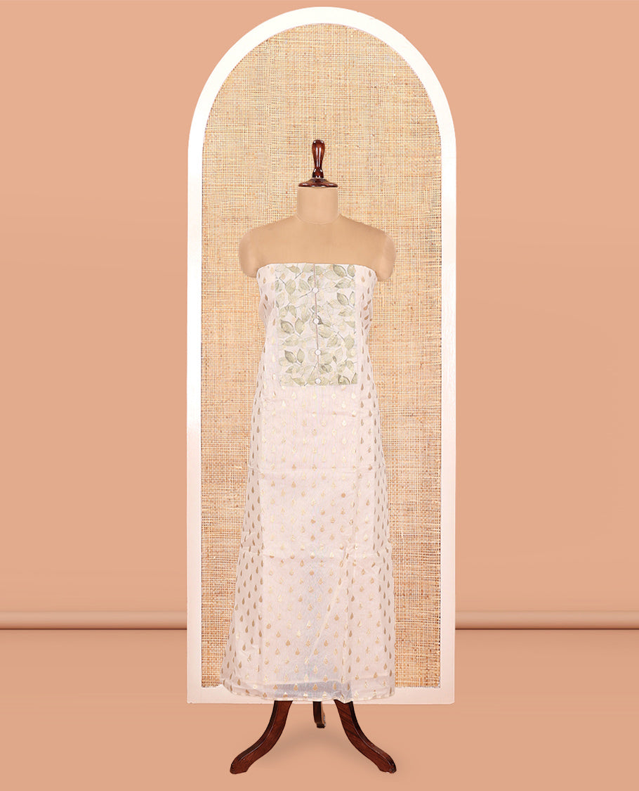 Cream-Pista Banarasi Tissue Chanderi Material Chudidar, Buttas Top, Contrast Bottom, Floral Print Dupatta