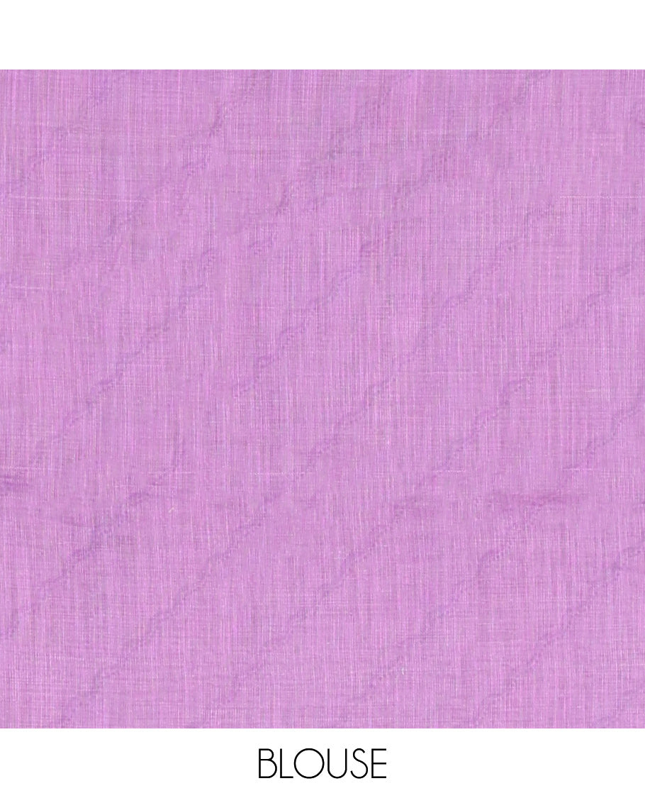 Cream-Lavender Linen Cotton Saree Features a Half-And-Half-Style Peacock Butta and Mirror Work, a Piping Border, a Contrast Blouse
