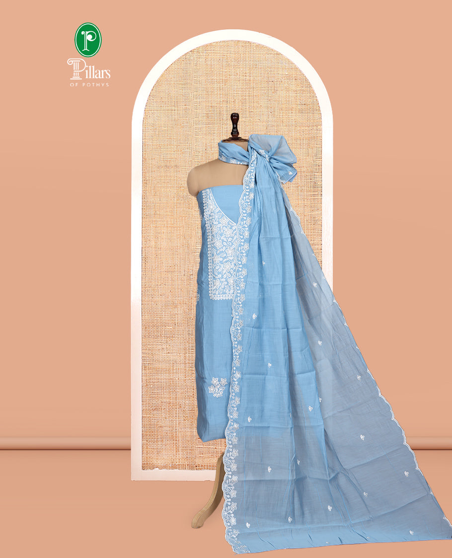 Ice Blue Mul Chanderi Material Churidar, Floral Embroidered Top, a Plain Bottom, a Floral Embroidered Scallop Dupatta