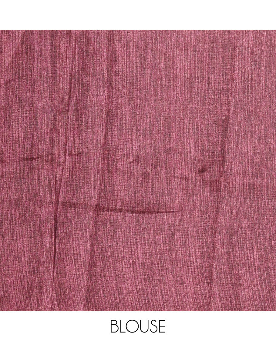 Wine Art Khadi Cotton Saree Highlighted by Warli-Village Theme Print, Complemented with a Contrasting Chevron-Printed Border, Vibrantly Warli-Printed Pallu, and a Plain Blouse