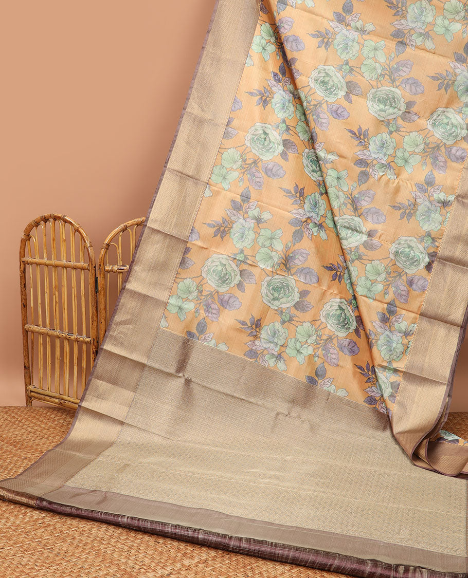Orange floral printed tissue saree with contrast zari design border & intricate jaal design pallu