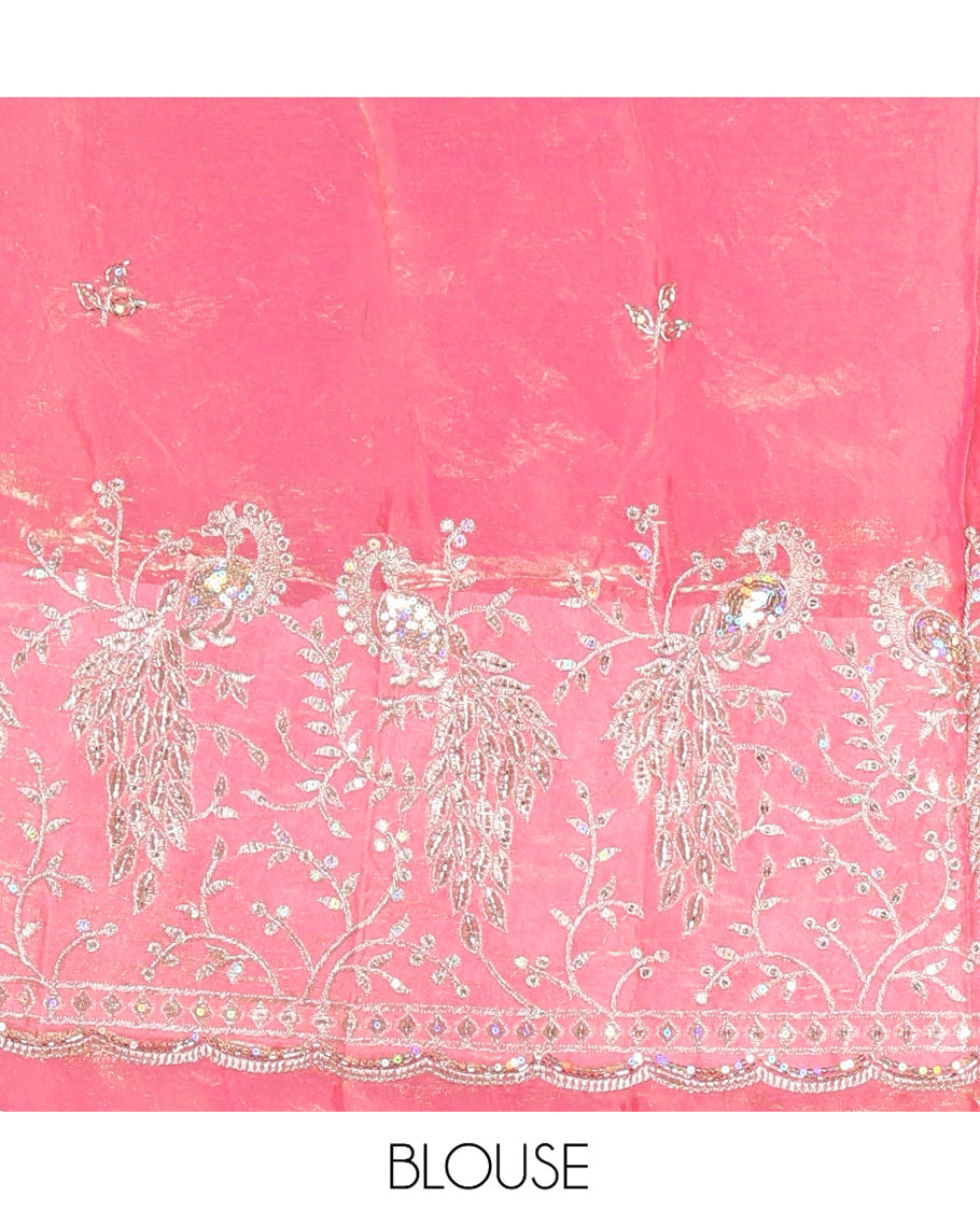 Borderless Dusky Pink Plain Fendi Chiffon Saree, a Self-Pallu, and a Matching Peacock Embroidered Blouse