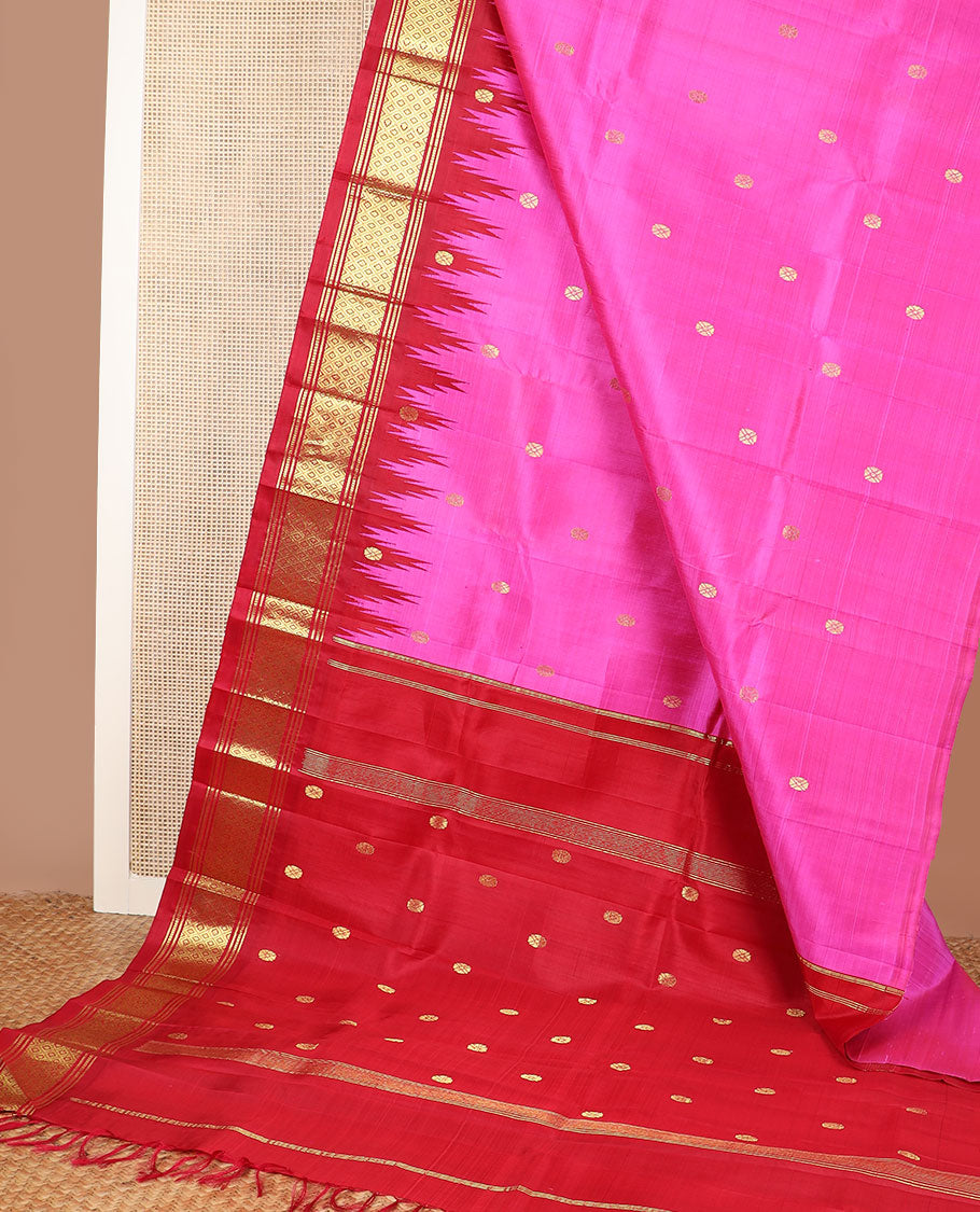 Pink zari buttas kanchipuram silksaree, contrast one-sided thazampoo rekku border of muthu,banaras & jaal & zari design pallu