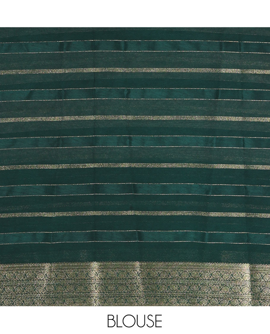 White and Green Georgette Saree, Subtly Sparkled with Horizontal Zari Stripes All Over Its Body, Complemented by a Contrast Traditional Zari Design Border, Gleaming Zari Striped Pallu, and Paired with a Contrast Blouse