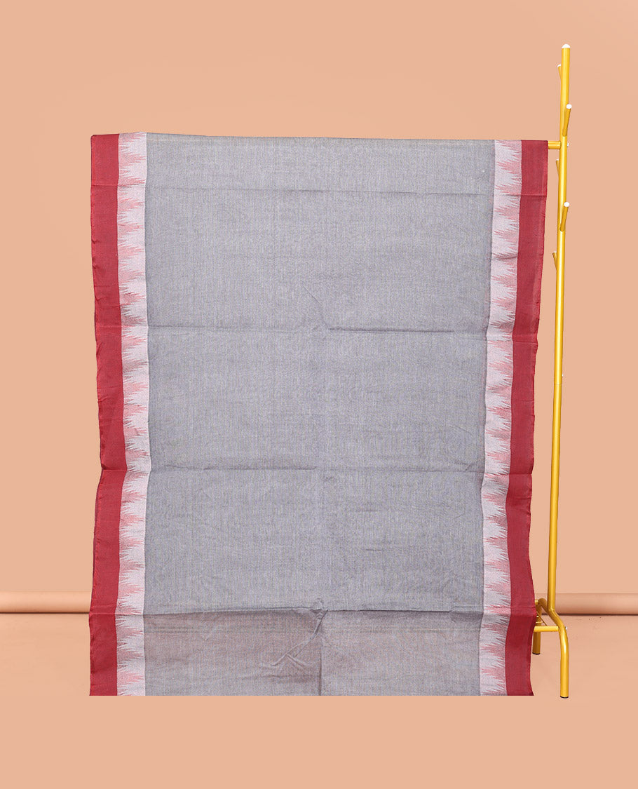 Grey Plain Bengal Cotton Saree, Contrast Temple Border, Pallu of Stripes, and Matching Blouse