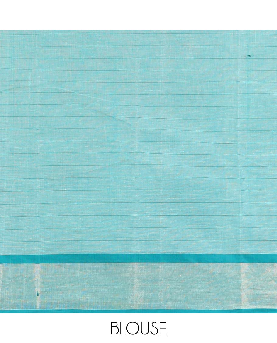 Blue checked , floral design chirla cottton saree with contrast striped border & floral, checked design pallu