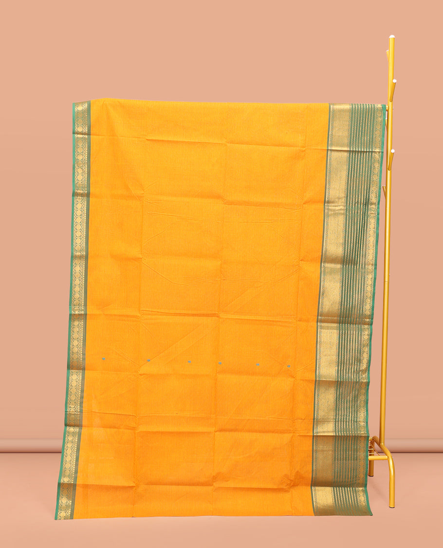 Yellow Chettinad Cotton Saree, Featuring Thread Buttas on Its Body, Complemented by a Contrast Traditional Zari Design Border, Pallu of Stripes and Buttas, and Paired with a Matching Blouse