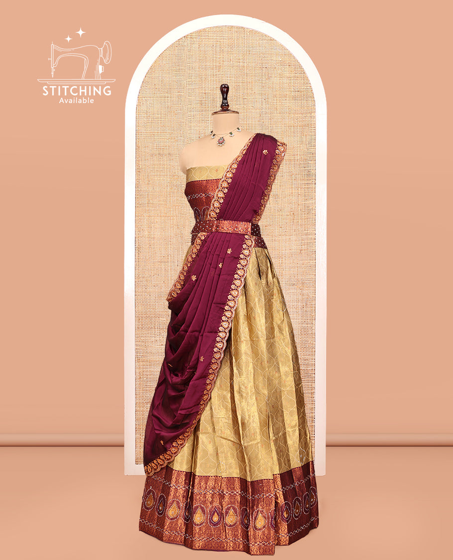 Gold-Brown Banarasi Half-Saree, Bedecked with Butta Enclosed Ogee Design, a Contrast Traditional Zari Stone Work Border, a Matching Blouse, and a Contrast Embroidered Dhavani