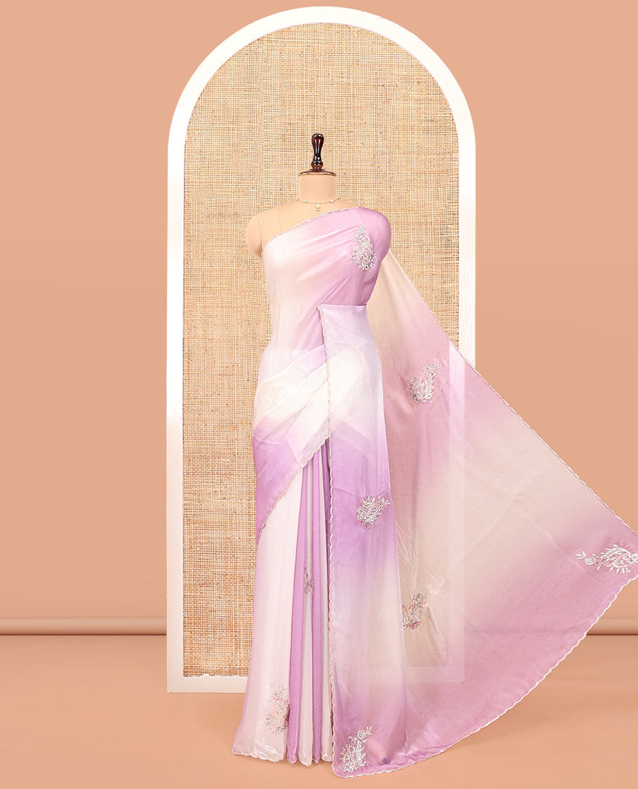 Lavender and Cream Designer Saree, Gracefully Embellished with Embroidered Buttas All Over Its Body, Scallop Embroidered Border, And Paired with a Matching Stone Work Blouse