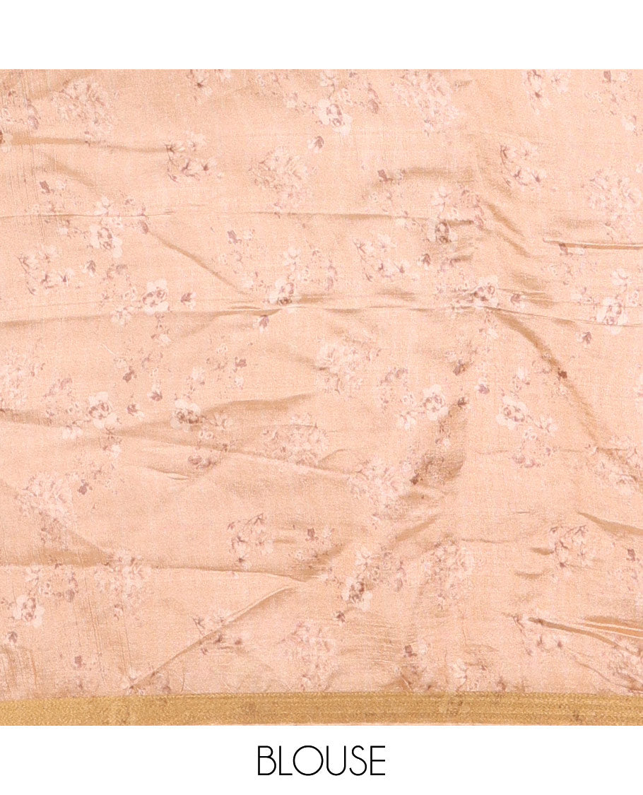 Mint green floral motifs digital printed banana pith saree, piping border, striped pallu, and floral printed blouse