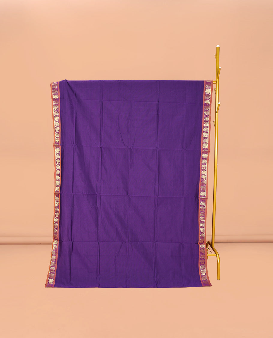 Violet Plain Poly Cotton Saree, Complemented by a Contrast Zari Peacock-Paisley Design Border, Contrast Striped Pallu, and Paired with a Contrast Blouse