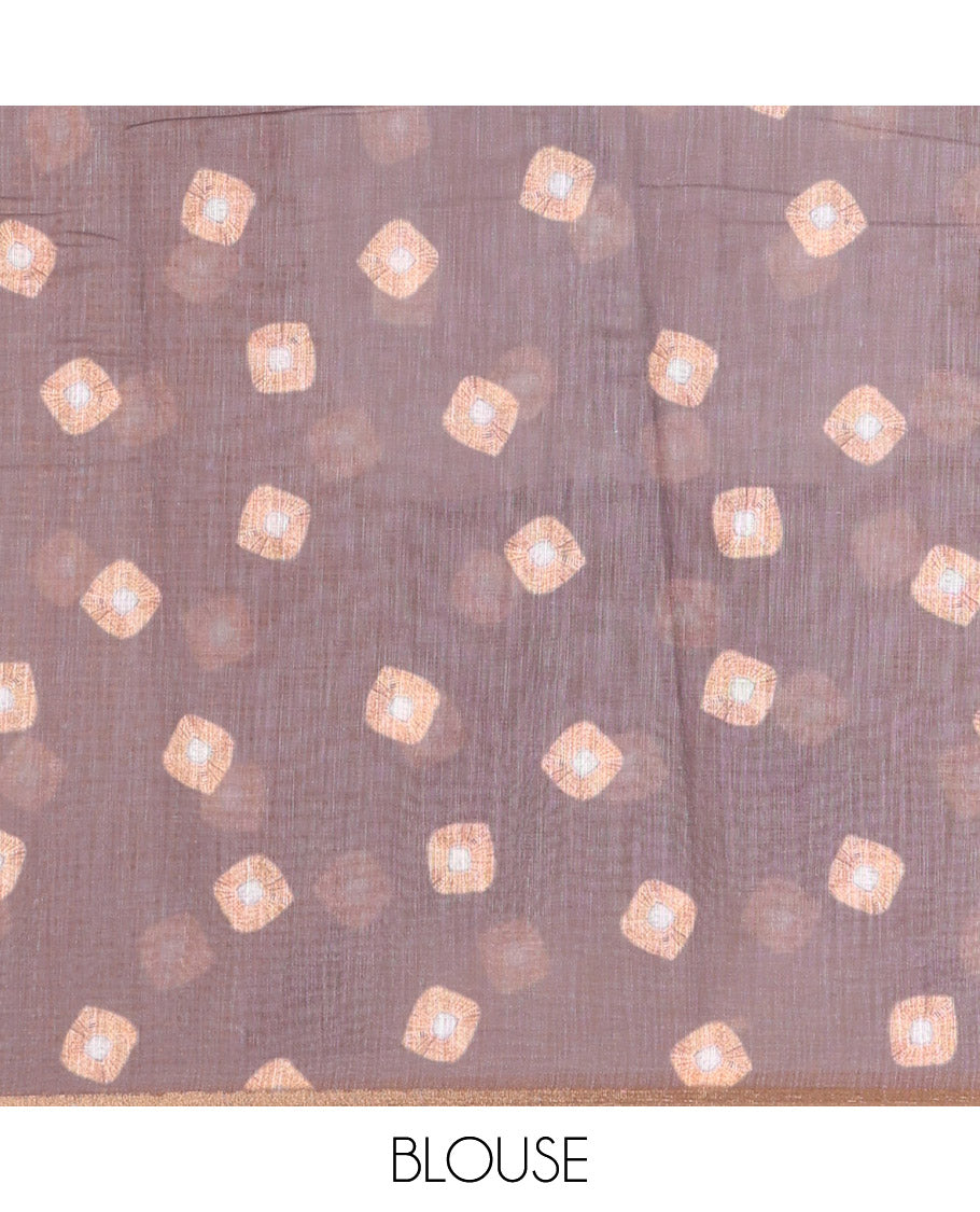 Borderless Brown Linen Cotton Saree, Showcasing Shibori Printed on Its Body, Complemented by a Shibori Printed Pallu, and Paired with a Matching Shibori Printed Blouse