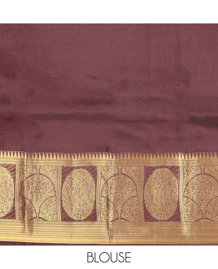 Brown Vasundhara Lite Silk Mix Saree, Adorned with Zari Buttas on Its Body, Highlighted by a Zari Border of Temple Traditional Zari Designs, Pallu Steeped with Arrow Motifs, and Paired with a Matching Blouse