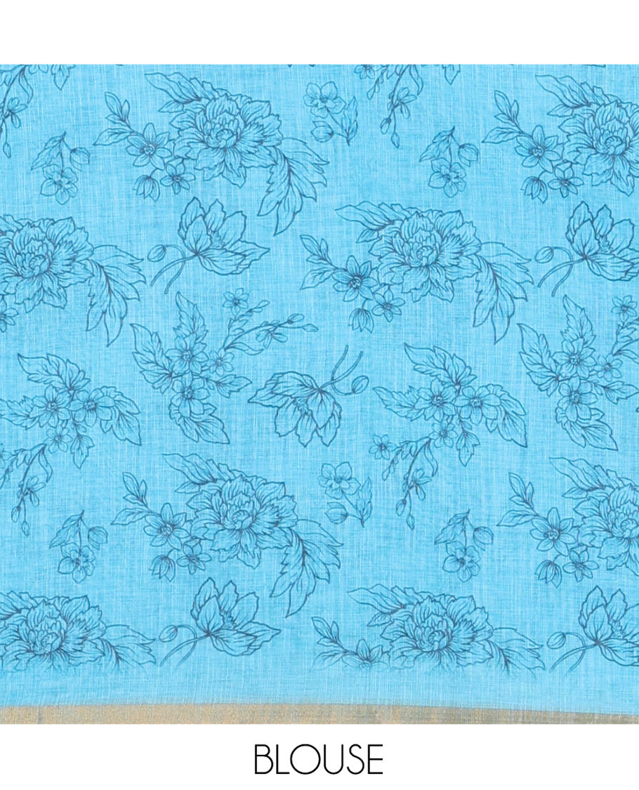 Blue Linen Cotton Saree, Beautified with Polka Dots All Over Its Body, Subtle Piping Border, Self-Pallu, and Paired with a Floral Printed Matching Blouse