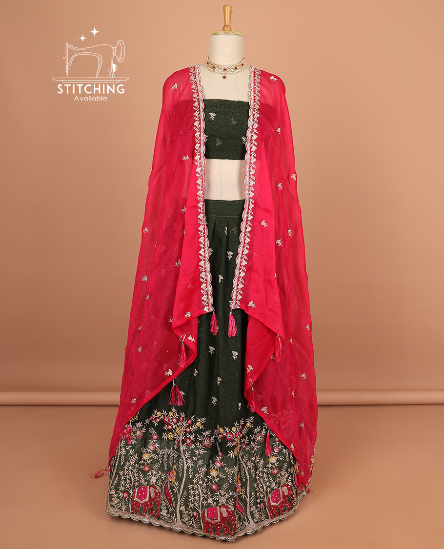 Bottle green floral motifs embroidery half saree with contrast with floral vine embroidery border , embridery blouse & floral embroidery scallop border dhavani
