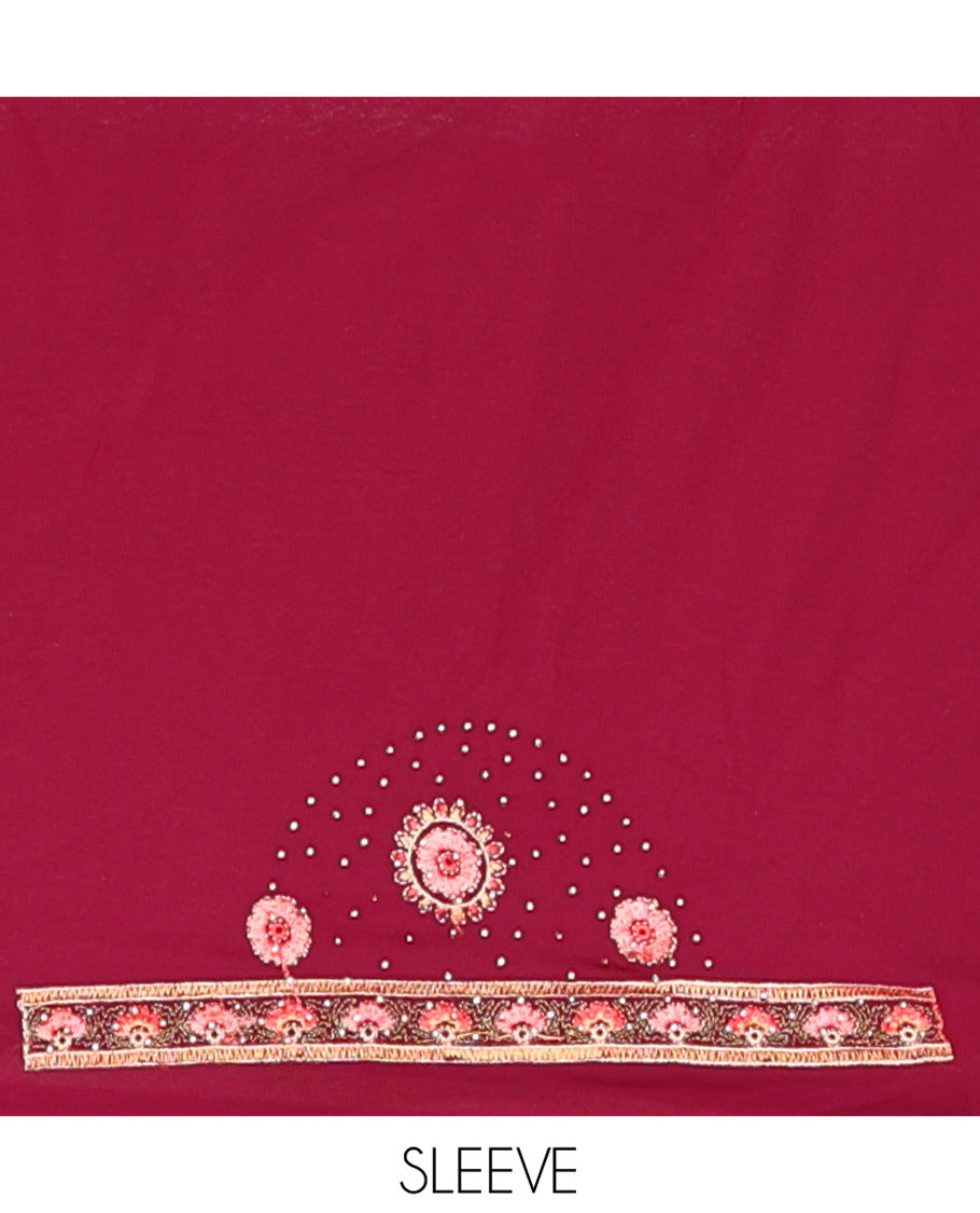 Wine Georgette Saree, Accentuated with Intricate Paisleys, Kashmir Embroidered and Stone Work on Its Body, a Self-Embroidered Border, and Paired with an Embroidered Blouse