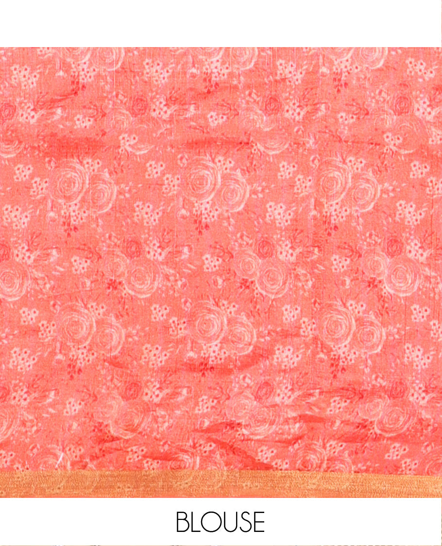 Sky Blue Banana Pith Saree Prettified with Multi-Color Rose Floral Motifs Print, Subtle Small Bavanji Border, Pallu Steeped with Zari Stripes, and Complemented with a Contrast Floral-Printed Blouse