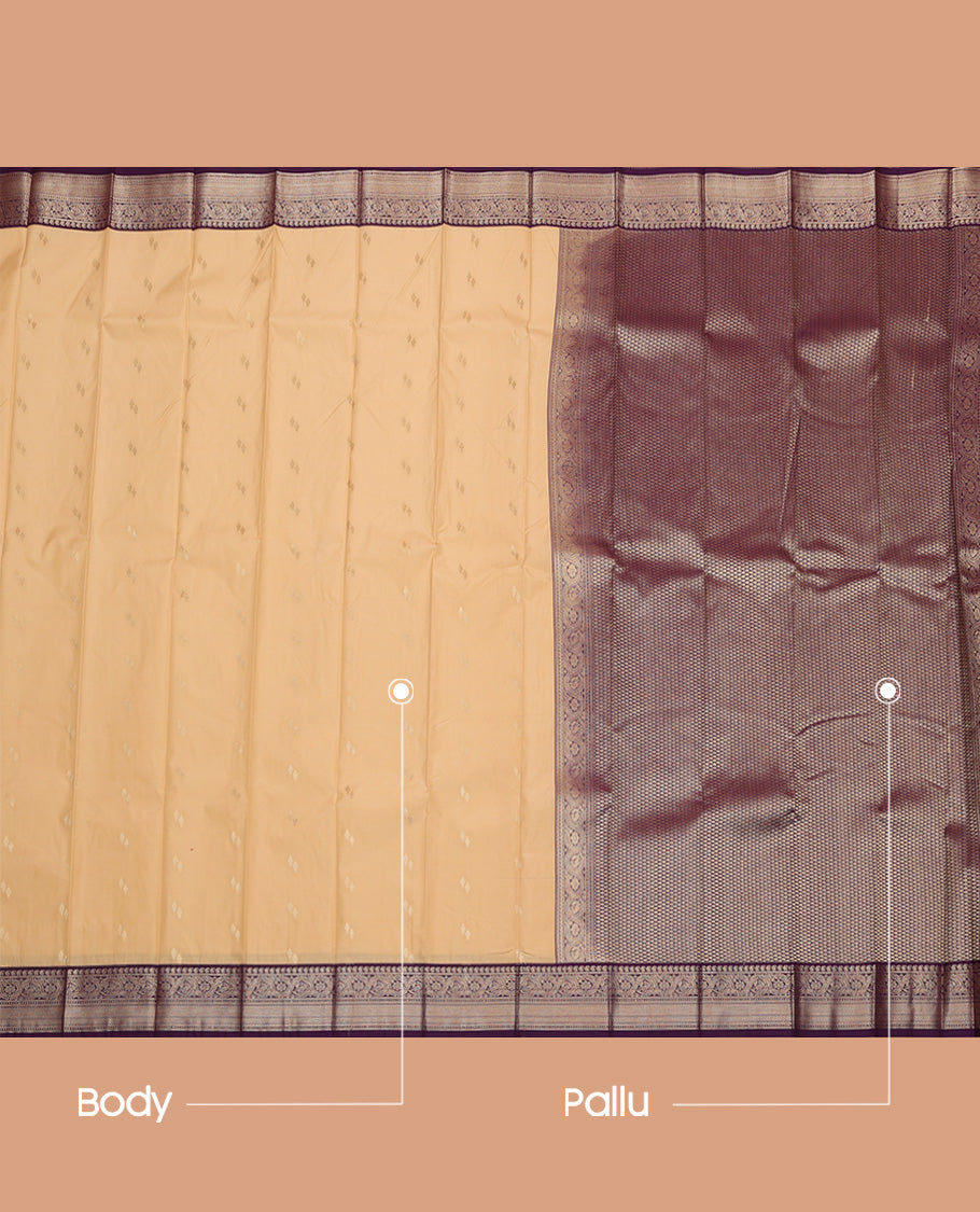 Sandal Budget Silk Saree, Sparsely Woven with Zari Buttas All Over Its Body, Complemented by Contrast Traditional Zari Designs Woven Border, Grand Jaal Pallu and Paired with a Contrast Blouse