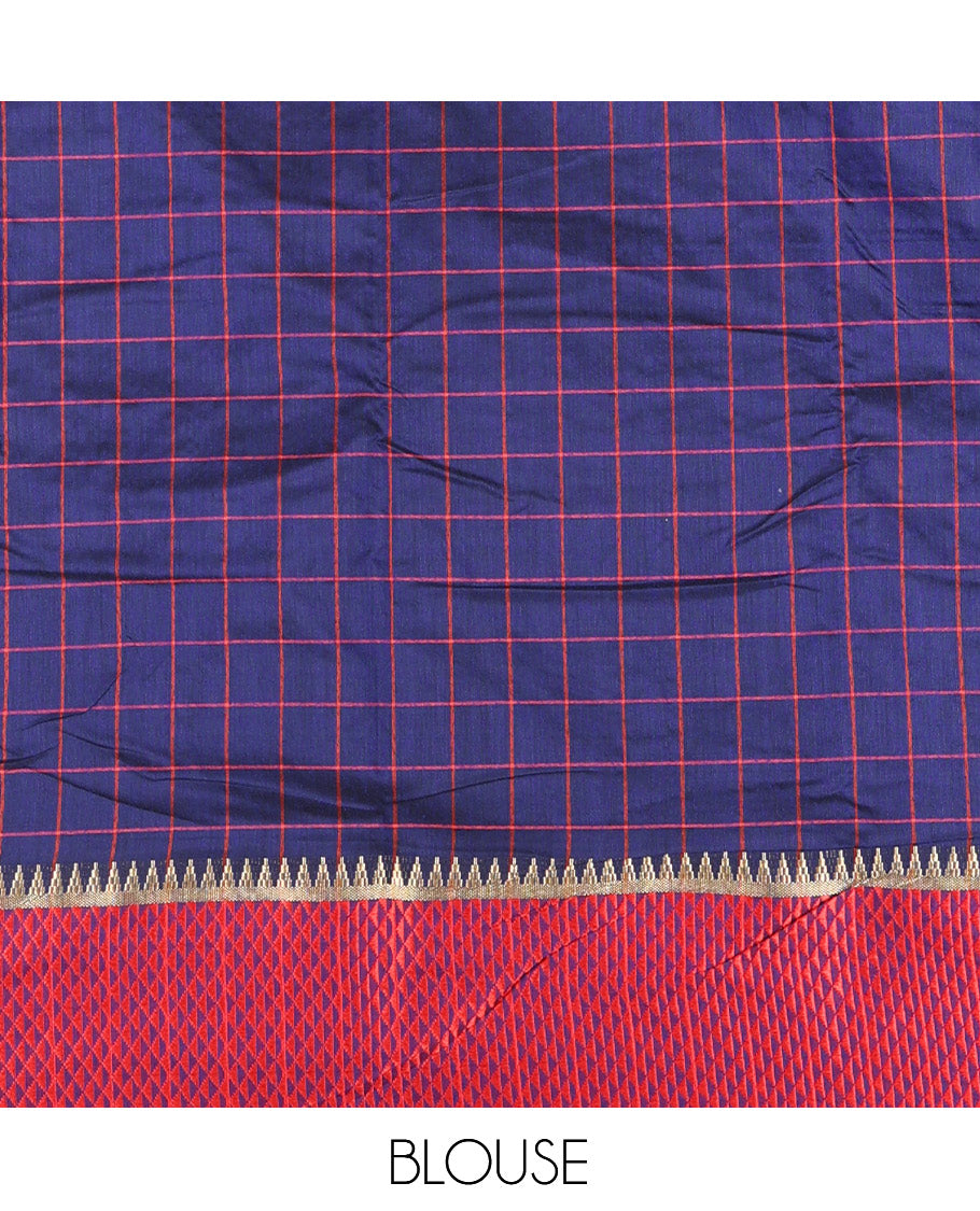 Royal Blue Checked Mercerised Cotton Saree, Contrast Temple Ara Maadam Border, Striped Pallu, and Matching Blouse