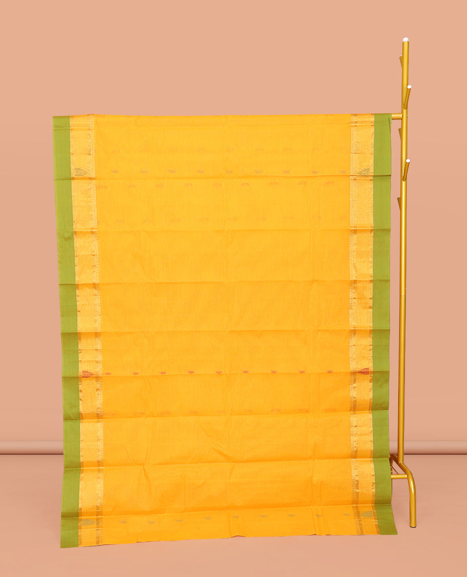 Yellow Kanchi Cotton Saree, Adorned with Buttas All Over Its Body, Complemented by Contrast Border, Pallu of Paisley Designs, and Paired with a Matching Blouse