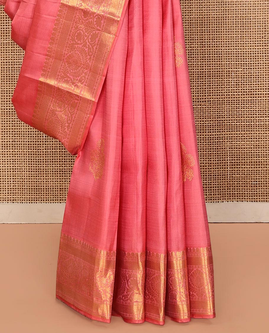 Pink Kanchipuram Silk Saree, Elevated with Zari Buttas All Over Its Body, Highlighted by a Zari Border of Traditional Designs, Pallu of Jaal Designs, and Paried with a Matching Blouse